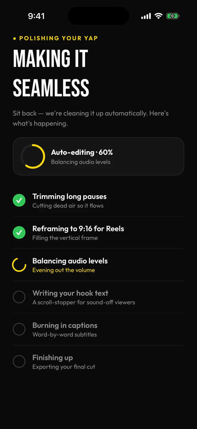 Auto-editing progress: trimming pauses, balancing audio, burning captions