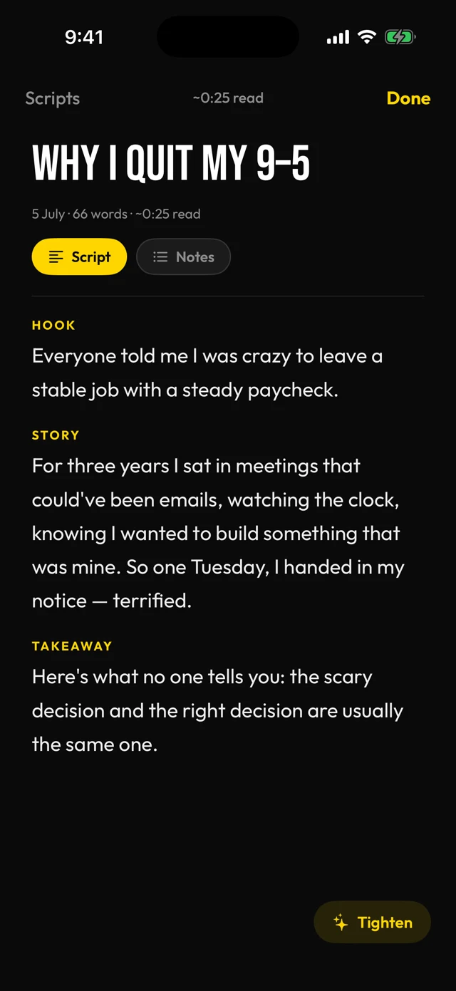 Script editor with hook, story and takeaway sections
